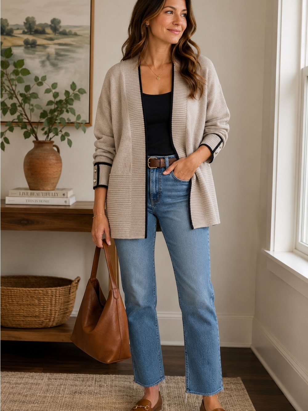 Open-Front Beige Cardigan with Contrast Trim